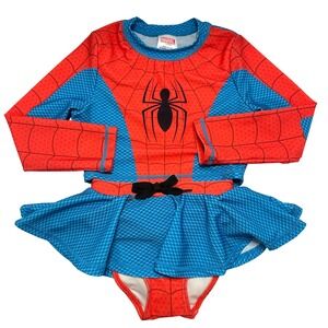 Marvel Spiderman Girls Rash Guard and Skirted Swimsuit Set Red Blue Size 4